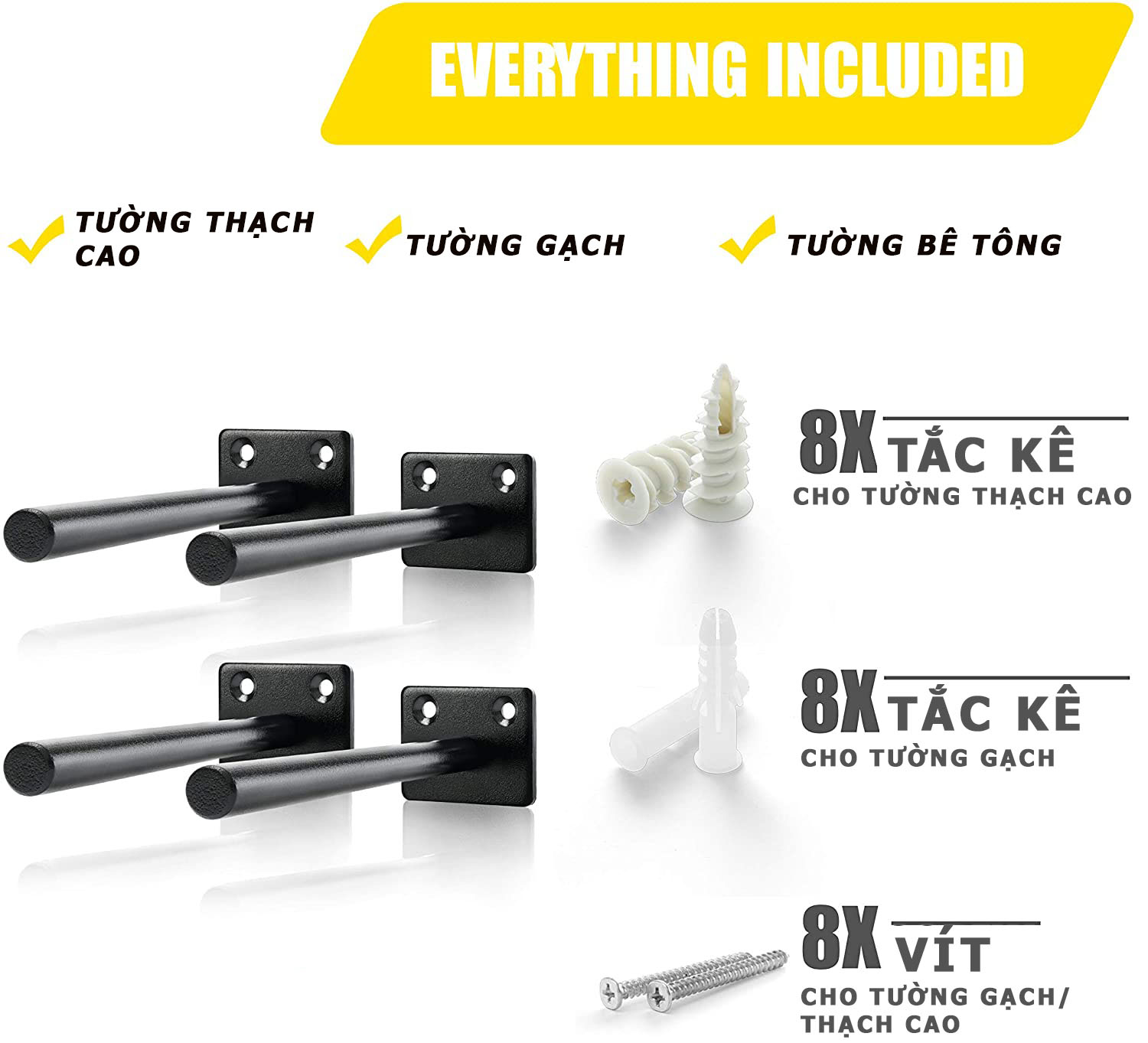 Bộ 4 chốt âm kệ treo tường, pát âm đỡ kệ trang trí bằng thép đặc 15cm kèm phụ kiện vít tắc kê – Hàng chính hãng