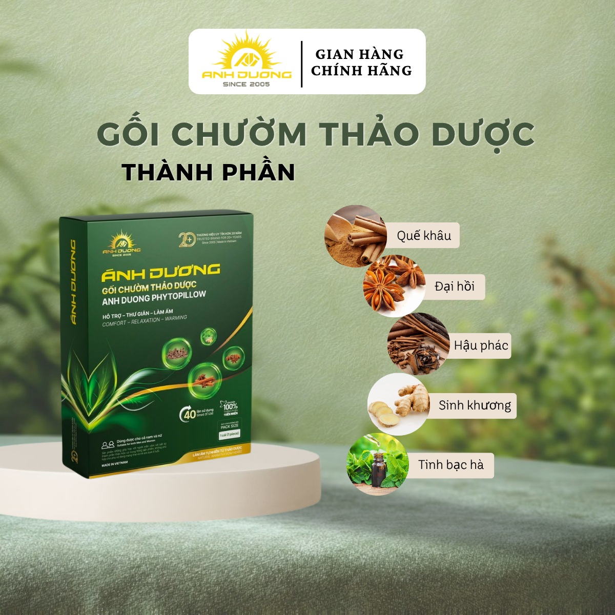 GỐI CHƯỜM THẢO DƯỢC ÁNH DƯƠNG TẶNG 1 CAO XOA BÓP ÁNH DƯƠNG - HỖ TRỢ LÀM ẤM, THƯ GIÃN VÙNG CỔ, VAI, GÁY, LƯNG VÀ CỘT SỐNG