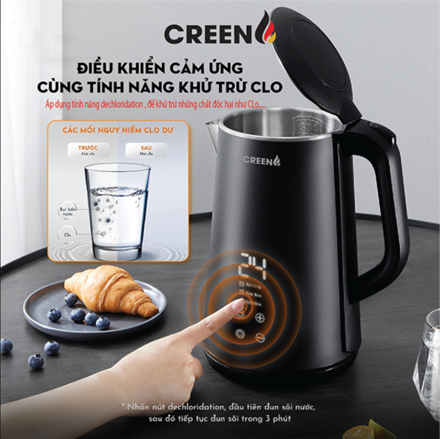 ( SIÊU PHẨM 2026 ) Ấm Siêu Tốc Khử Clo inox304 Creen CR-SW17B Dung Tích 1,7L Chuẩn Công Nghệ Đức - Điều Chỉnh Nhiệt Độ - Hàng Chính Hãng