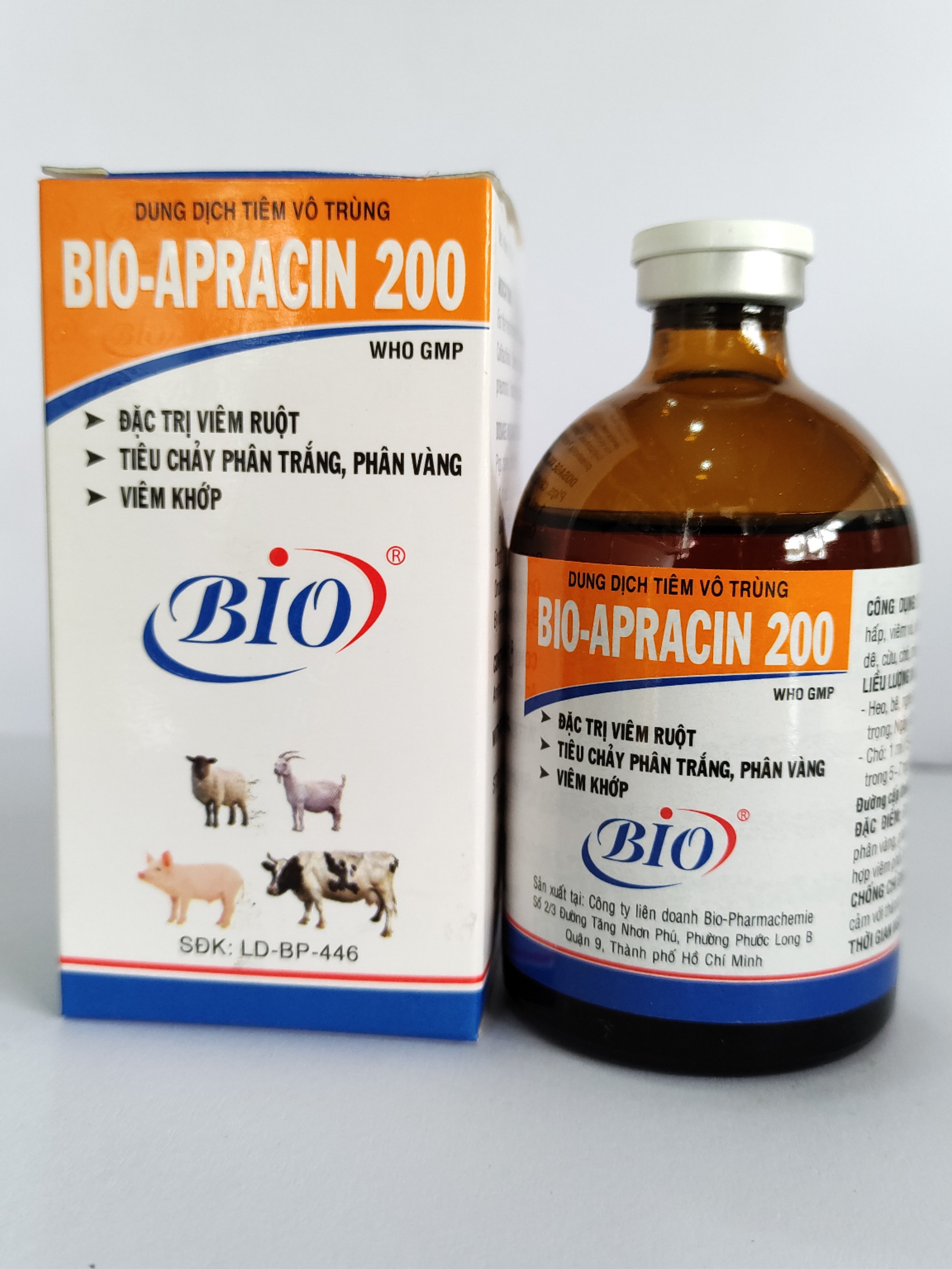 Dung dịch tiêm vô trùng BIO-APRACIN200 đ.ặc t.rị viêm ruột, tiêu chảy phân trắng, phân vàng, viêm khớp trên bê, nghé, heo, dê, cừu, chó mèo