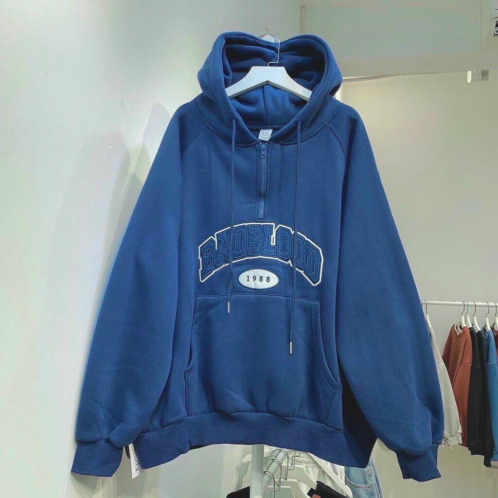Áo Hoodie Form Rộng, Chất Nỉ Dày Dặn Thiết Kế Cổ Khóa Kéo Độc Đáo Thêu Nổi Chữ BADBLOOD 1988 Siêu Hot