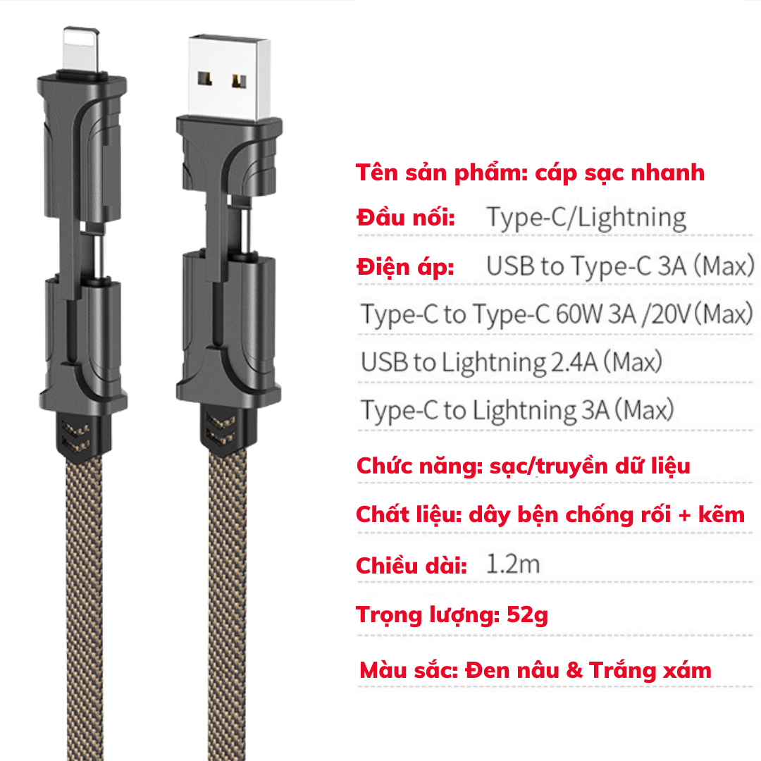 Dây Sạc Nhanh 4 Trong 1 TYPE-C & USB hỗ trợ sạc laptop, 1pad, 1phone - Cáp sạc nhanh 3 đầu dài 1.2m