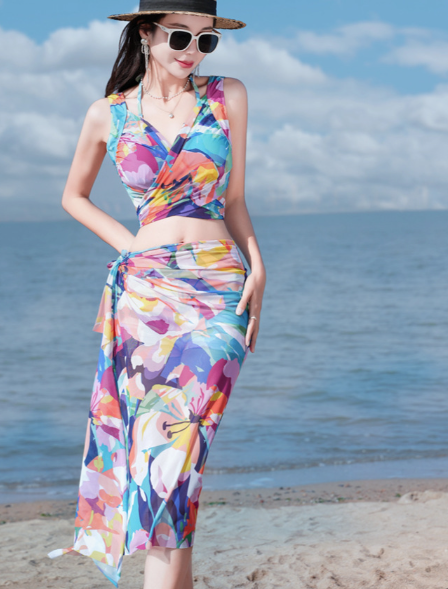Bikini Set 3 Mảnh Kèm Khăn Choàng Họa Tiết Sang Đẹp Vải Thun Lạnh BK001 MayHomes Đồ Bơi Nữ 3 Mảnh