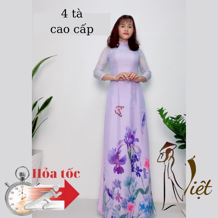 Áo dài 4 tà hoa màu tím truyền thống may sẵn voan lụa cao cấp