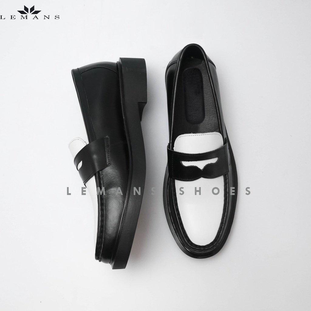 Giày da bò Penny Loafer Black White LEMANS, đế Lemans tăng chiều cao 4cm cho nam, giày lười nam, giầy da, bảo hành 12-24 tháng