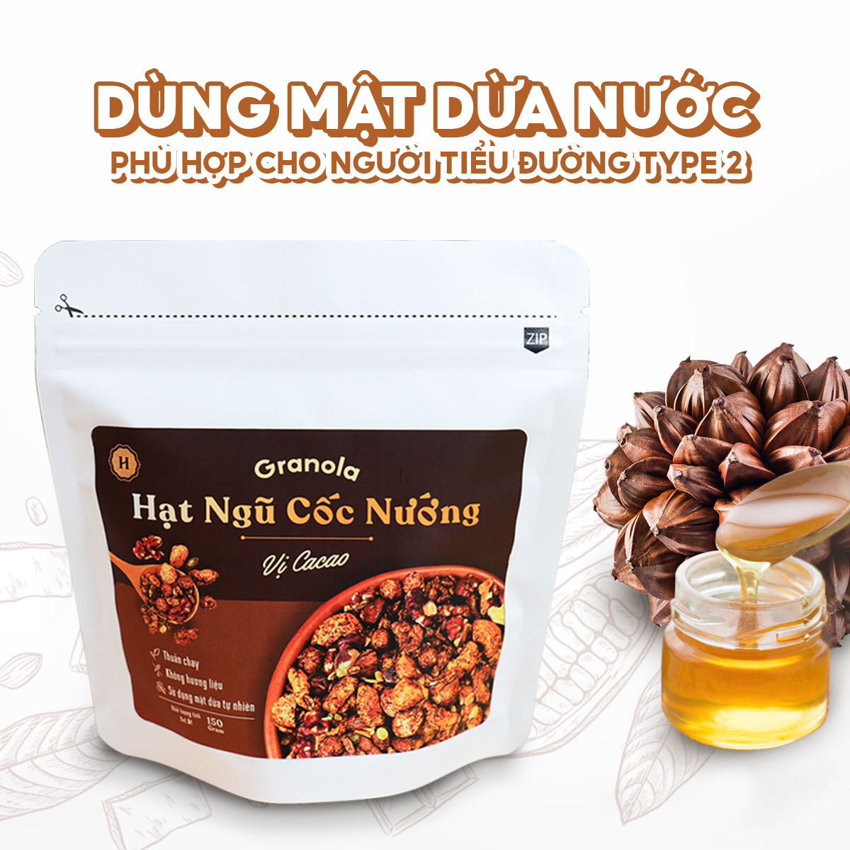 Granola nướng giòn tan - Dùng mật dừa nước, 0 trái cây sấy, GI thấp - Hạt ngũ cốc giảm cân - HeydayCacao - Vị Cacao