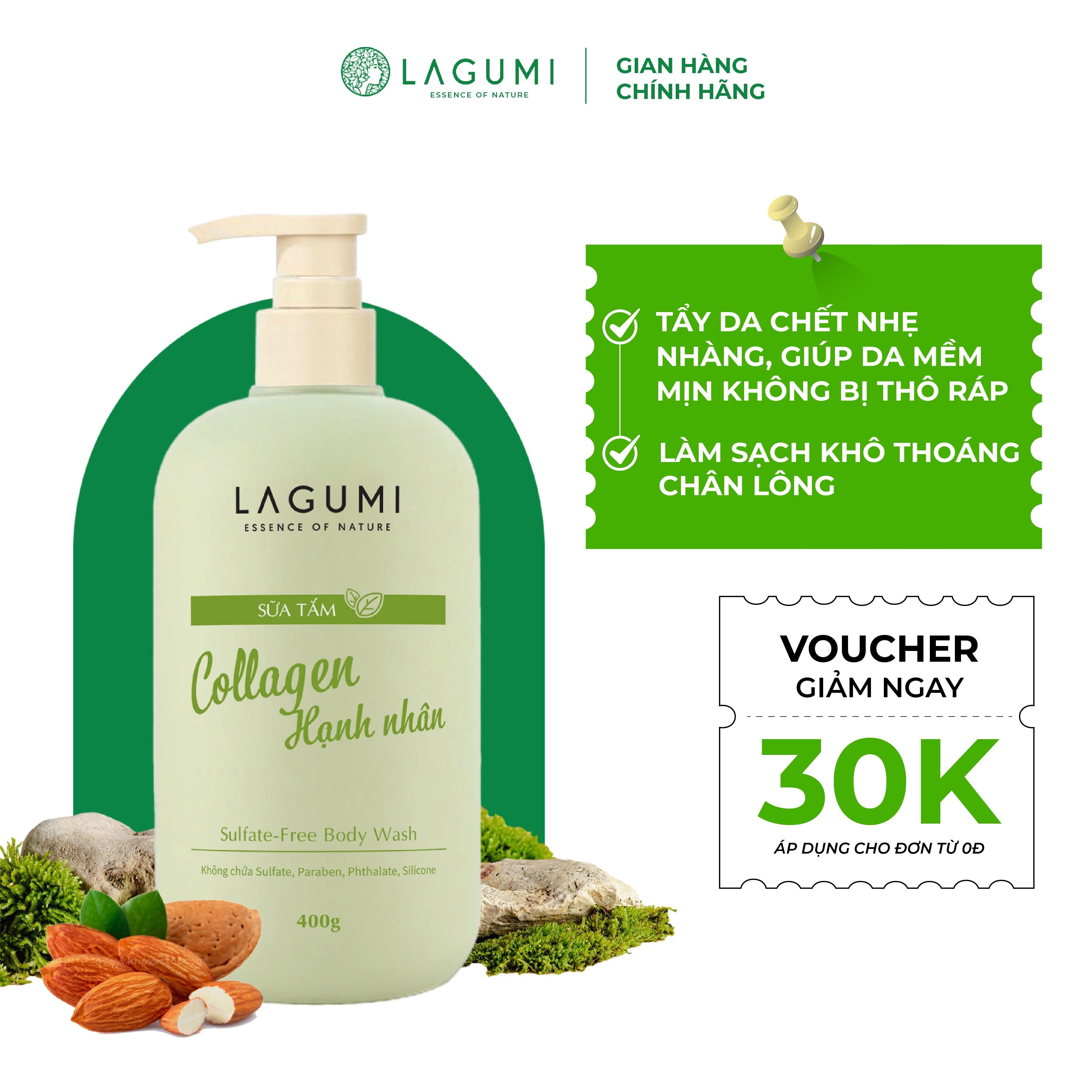 Sữa tắm dưỡng ẩm collagen hạnh nhân LAGUMI 400gr