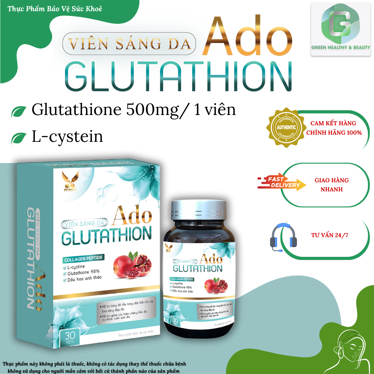 TPBVSK Viên Sáng Da Ado GLUTATHION - Hỗ trợ sáng da, giảm nám