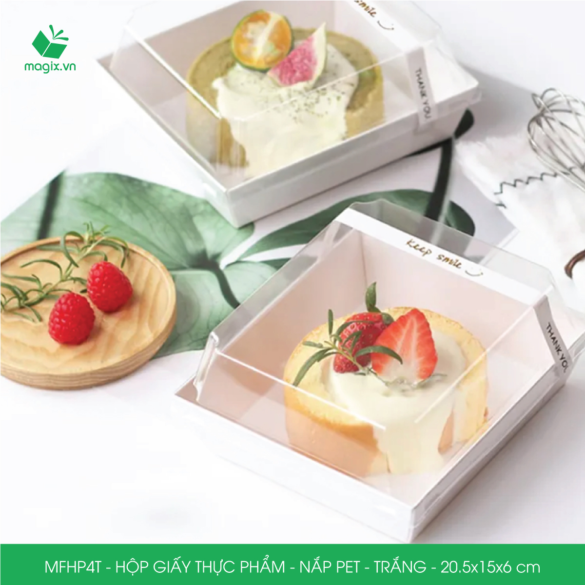 Hình ảnh MFHP4T - 20.5x15x6 cm - 100 hộp giấy thực phẩm màu trắng nắp Pet, hộp giấy chữ nhật đựng thức ăn, hộp bánh nắp trong