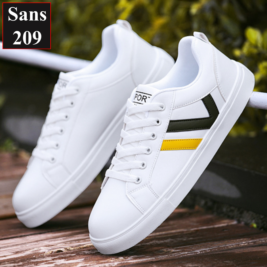 Giày thể thao nam sneaker Sans209 giầy sport trắng cổ thấp đế bệt sọc đen đỏ vàng bền đẹp thời trang hàn quốc trẻ trung