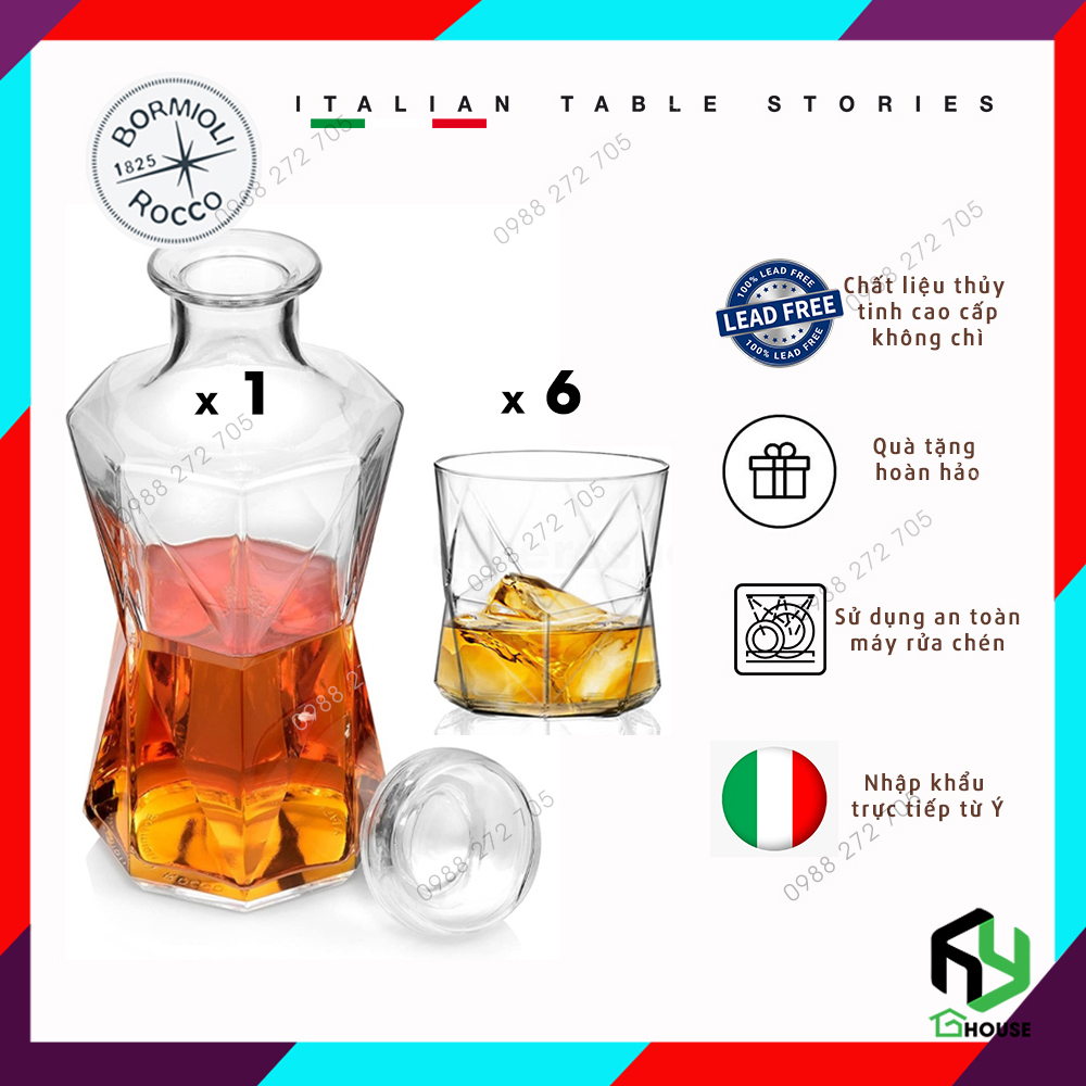 Bộ bình thủy tinh đựng rư ợu và 6 ly rock CASSIOPEA cao cấp - Bormioli Rocco - Made in Italy