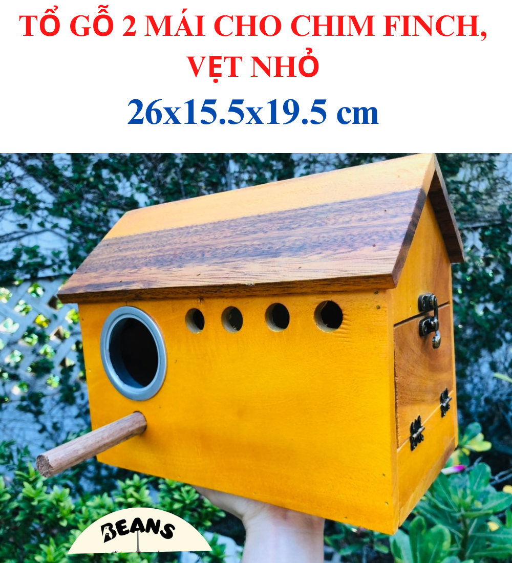 Tổ gỗ mái nhà mẫu dài dành cho chim yến phụng, bạc má, lovebird,...có lõm gom trứng tặng kèm móc treo tổ
