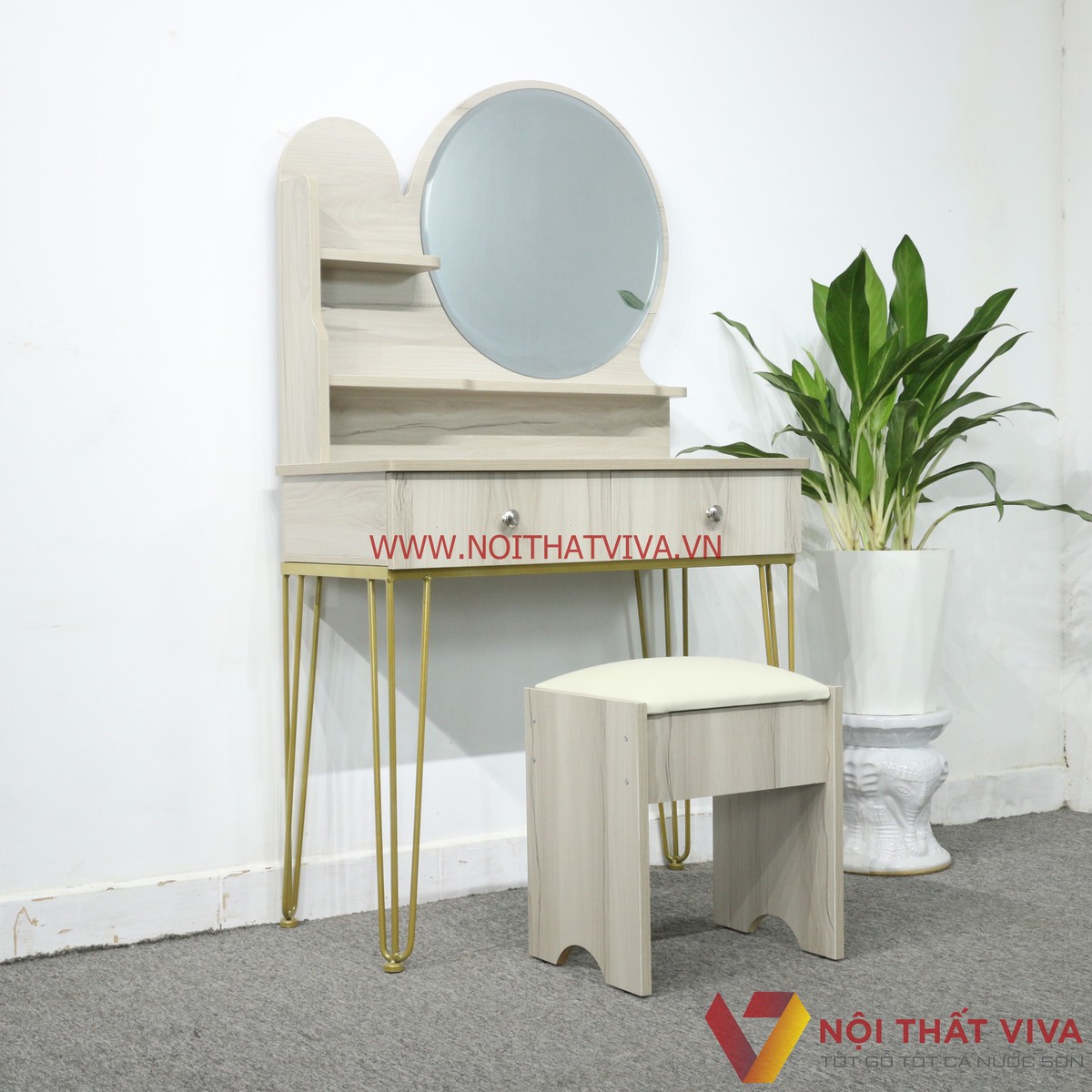 Bàn Trang Điểm Gỗ MDF Melamine Màu Sữa Chân Sắt 2 Ngăn Kéo Gương Tròn