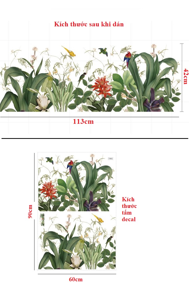 Decal dán tường vườn cây hoa lá chim vẹt đùa vui