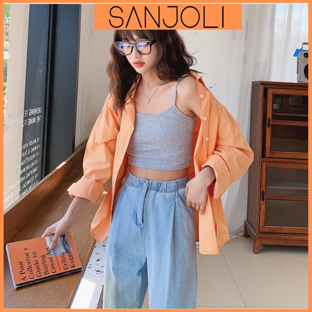 Áo Croptop 2 Dây SANJOLI Thiết Kế Ôm Body Sexy Gợi Cảm Chất Thun Len Gân 4 Màu Đen Trắng AO022