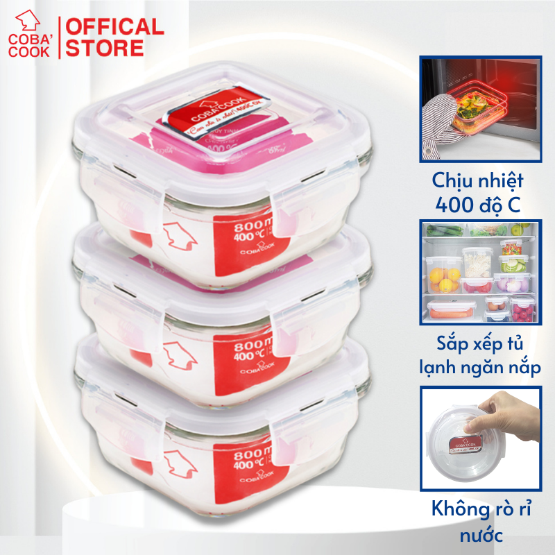Hình ảnh Bộ 3 hộp thủy tinh trữ thức ăn thực phẩm đựng cơm chịu nhiệt COBACOOK hộp hình vuông dung tích 800ml- CCS83