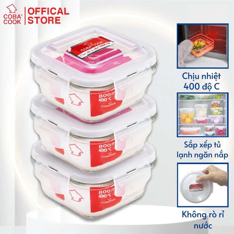 Bộ 3 hộp thủy tinh trữ thức ăn thực phẩm đựng cơm chịu nhiệt COBACOOK hộp hình vuông dung tích 800ml- CCS83