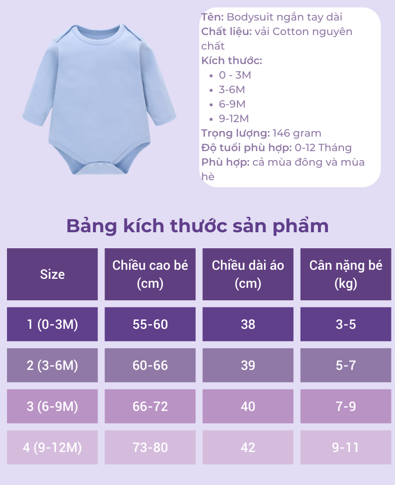 Jumpsuit / Bodysuit Ngắn Tay Dài Miraclebaby Chất Liệu 100% Cotton Cho Bé Trai, Bé Gái từ 0-12 tháng
