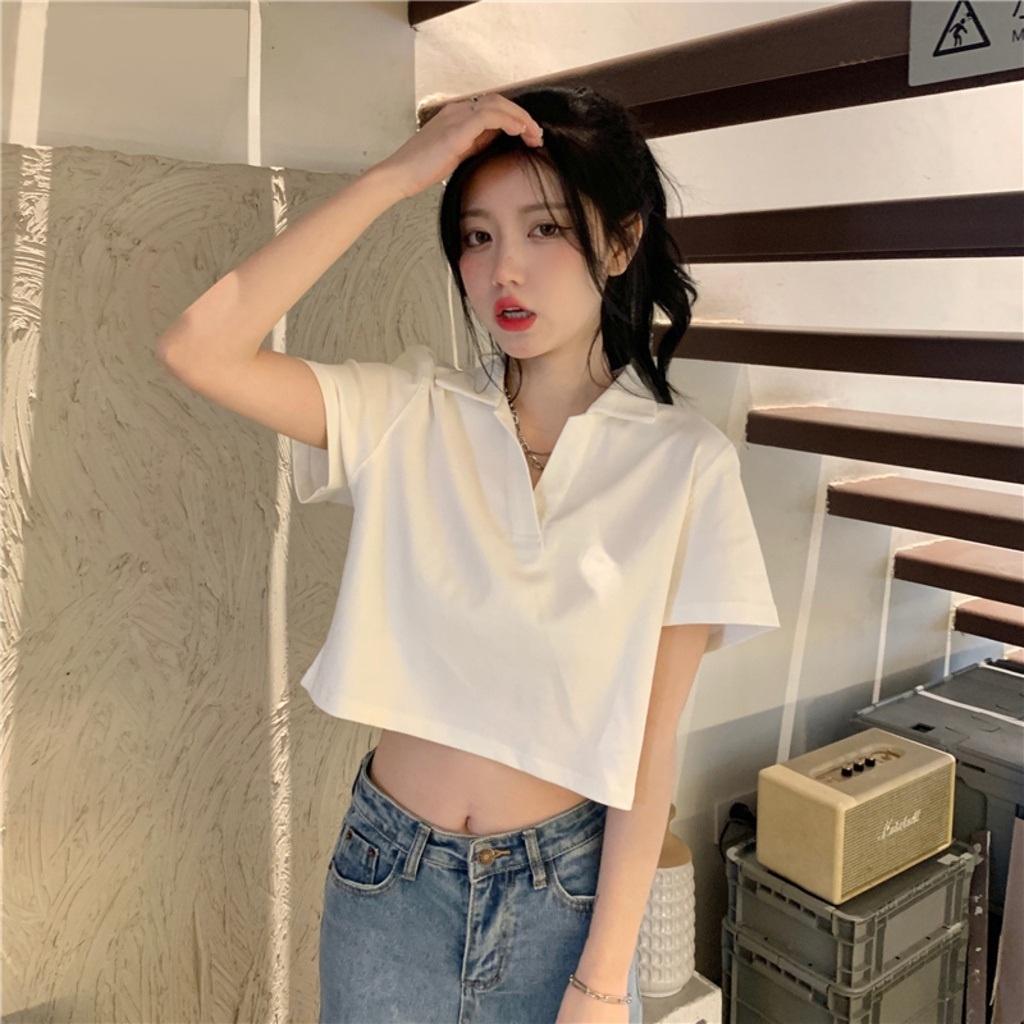 Áo croptop nữ ,Áo croptop, tay ngắn có cổ kiểu polo thời trang đẹp form rộng sexy cá tính thể thao màu trắng đen ACN002