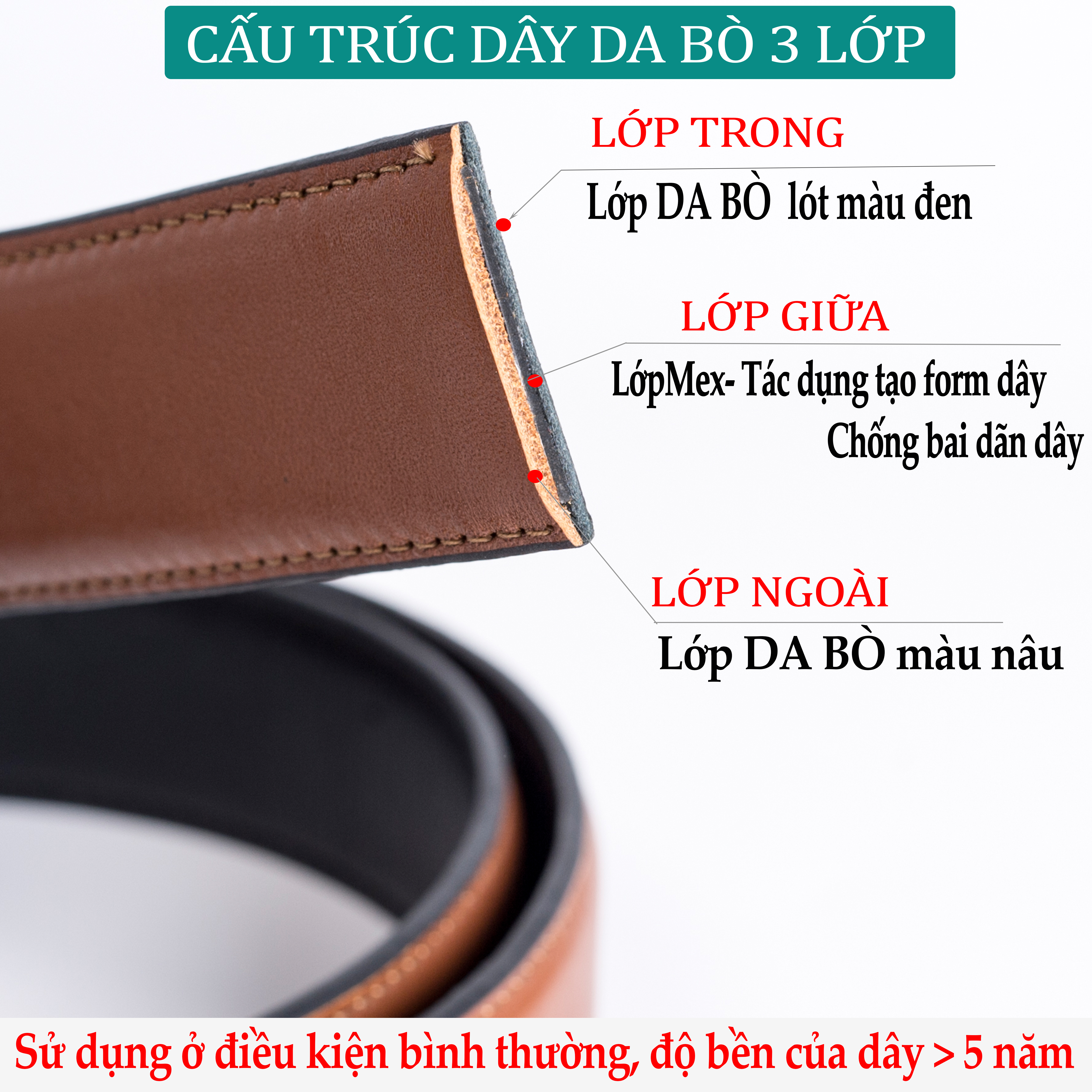 Hình ảnh Thắt lưng nam, dây nịt nam da bò 3 lớp Bụi Leather L105 - Khóa tự động, nhiều mặt khóa tùy chọn