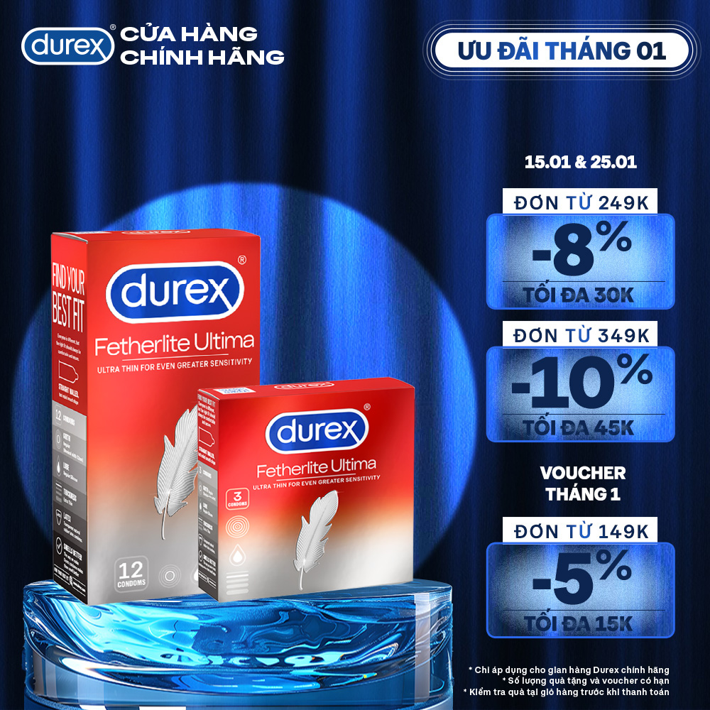 Bộ bao cao su Durex Fetherlite Ultima siêu mỏng, size 52 mm, 1 hộp 12 bao và 1 hộp 3 bao