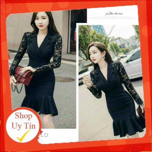 ĐẦM ÔM ĐUÔI CÁ CỔ VEST PHỐI REN MI