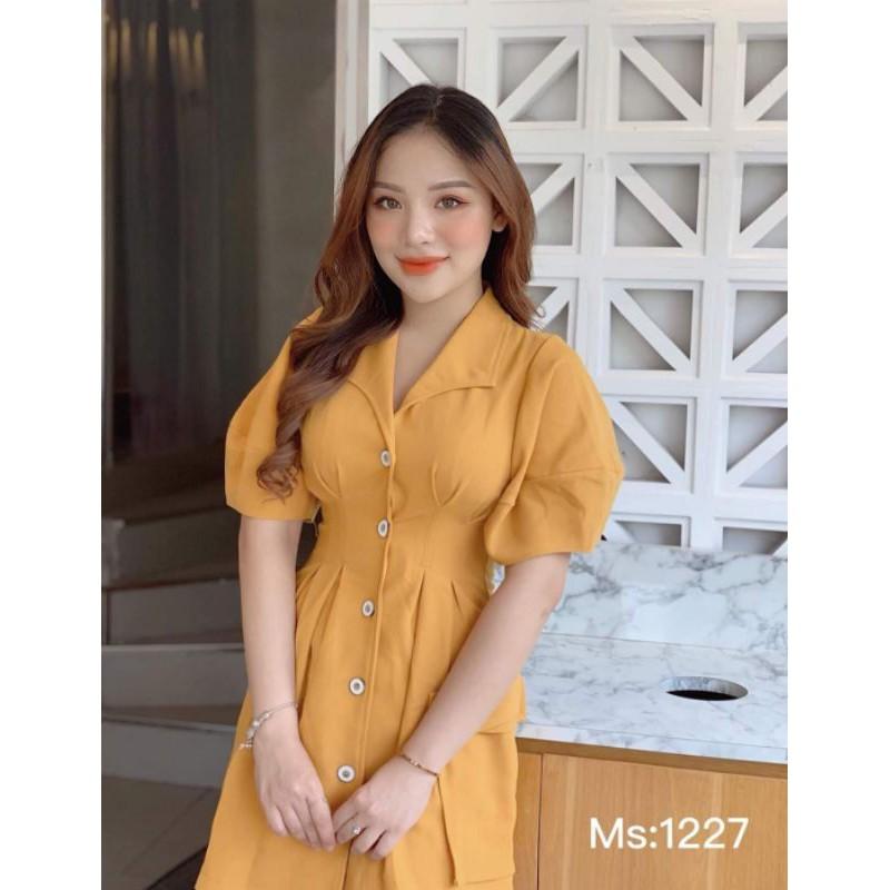 Đầm xòe cổ lật cài nút chít eo tay phồng HÀNG THIẾT KẾ