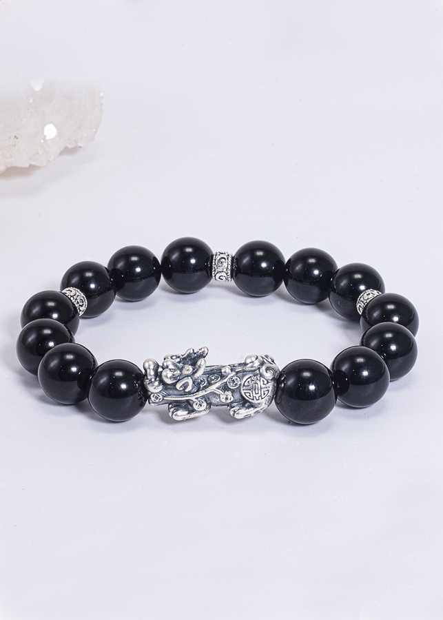 Vòng Tay Phong Thủy Đá Obsidian Phối Charm Tỳ Hưu Bạc  Mệnh Thủy, Mộc Ngọc Quý Gemstones