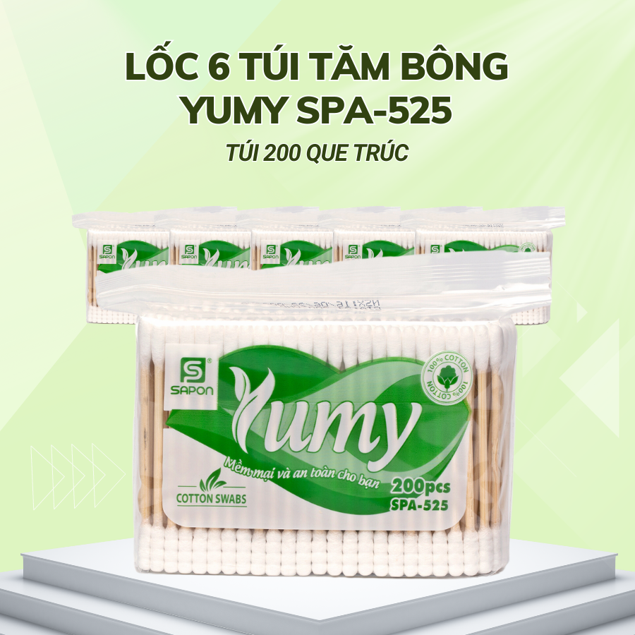 Lốc 6 gói Tăm bông Yumy người lớn thân trúc túi 200 que SPA-525