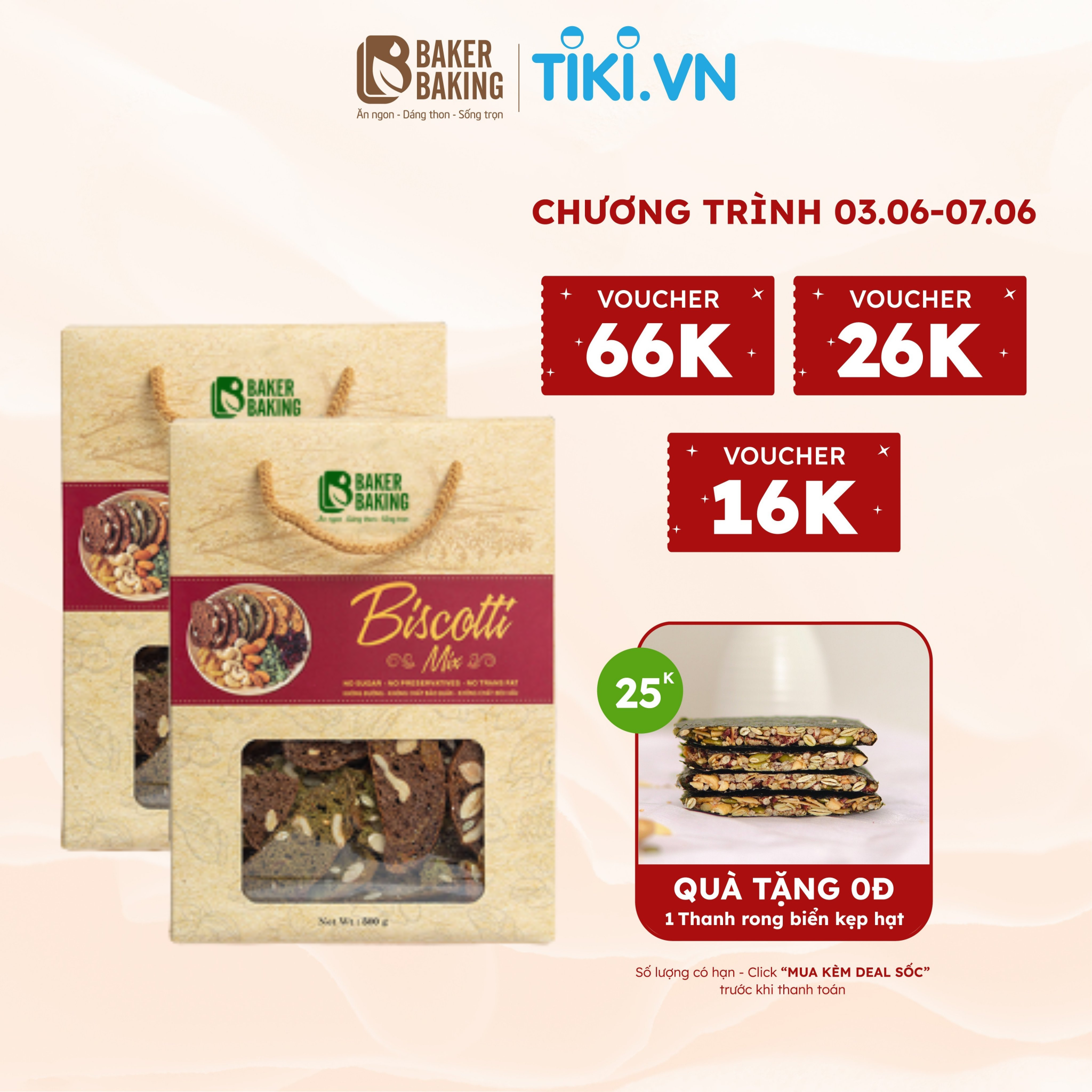 Combo hai hộp bánh Baker Baking Healthy biscotti nguyên cám mix 3 vị hỗ trợ ăn kiêng dành cho người béo, tiểu đường