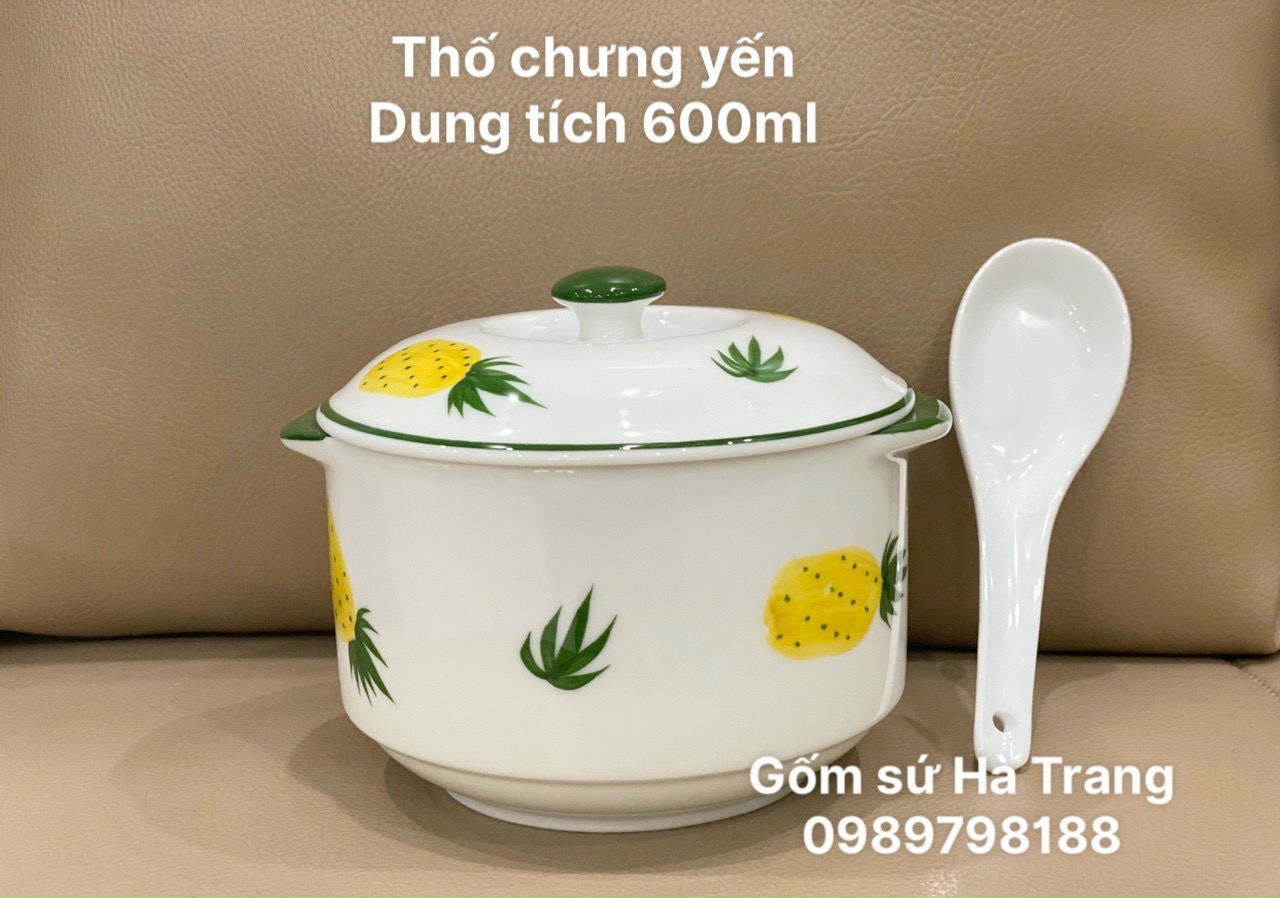 Bộ thố chưng yến gốm sứ Bát Tràng cao cấp men trắng vẽ dứa dung tích 600ml có thìa như hình