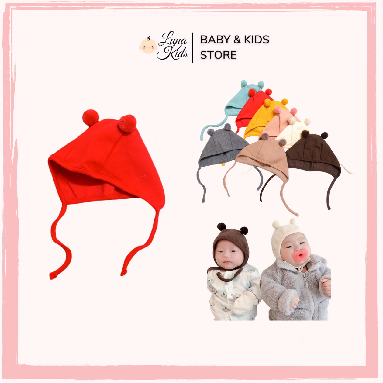 Mũ cotton hai quả bông cho bé yêu, bé trai, bé gái, trẻ sơ sinh - LunaKids [Ảnh thật