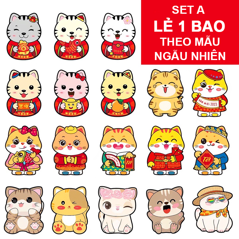 Bao lì xì chibi Quý Mão 2023 cao cấp, Bao lì xì Tết họa tiết hình mèo ngộ nghĩnh – LX006