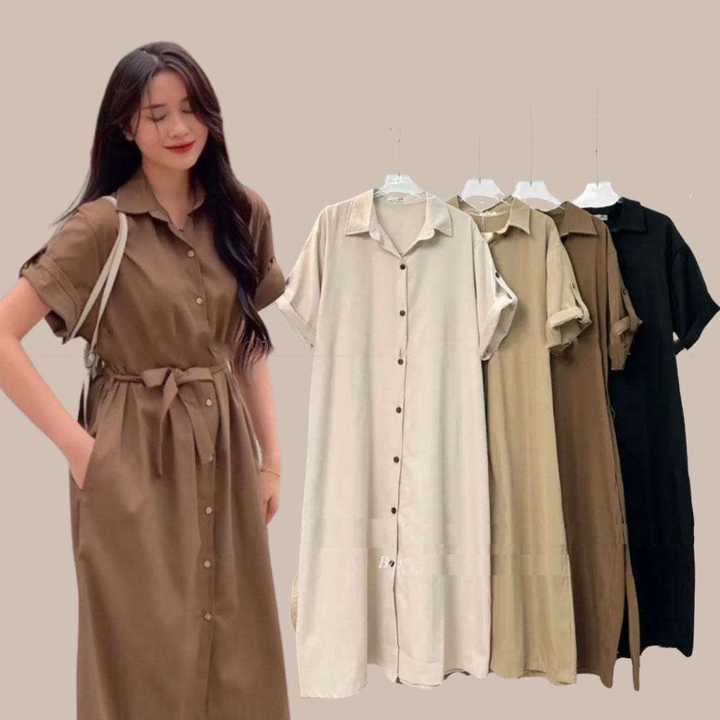 VÁY SƠ MI CỔ BẺ DÁNG DÀI PHỐI DÂY