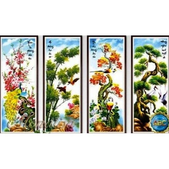 Tranh thêu tứ quý mai trúc cúc tùng LV3282 - kích thước: 121 * 75cm.