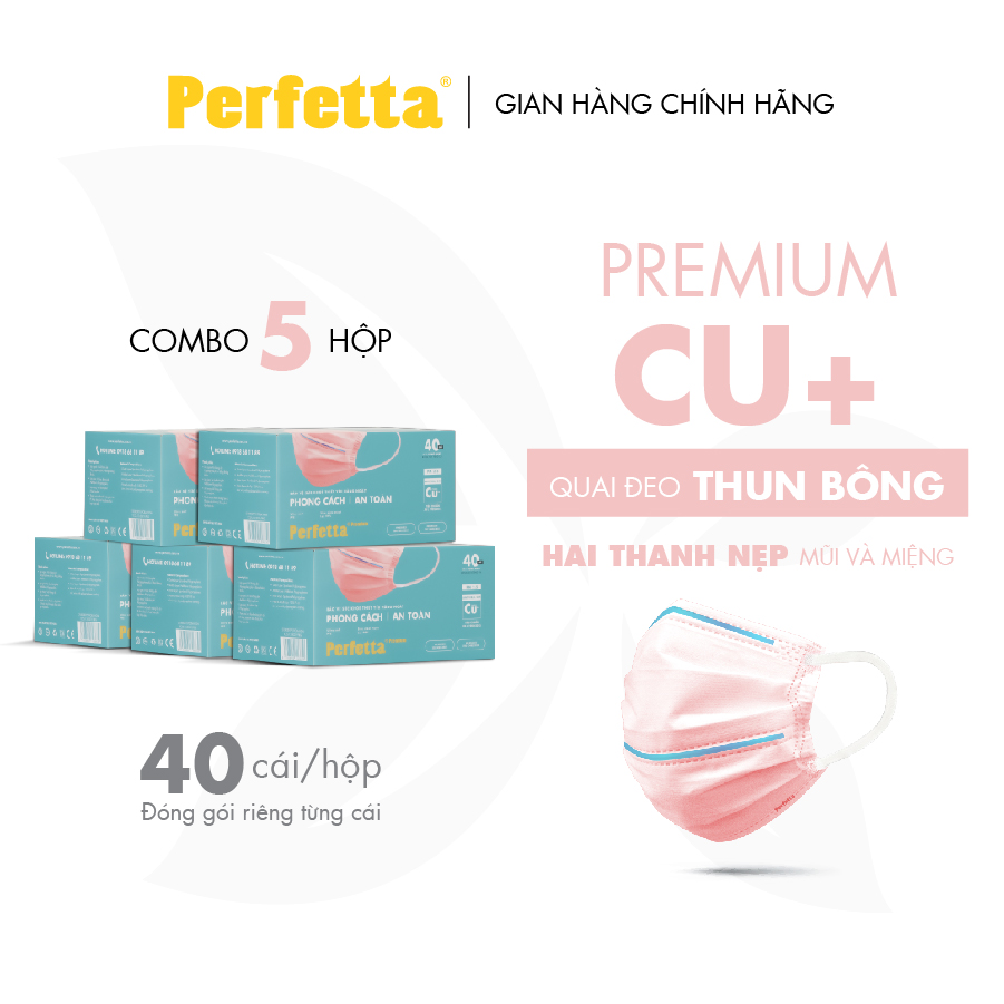 [5 Hộp Premium] - Khẩu Trang Cao Cấp Perfetta Premium, Phủ Nano Đồng, Đóng Gói Từng Cái (40 Cái/Hộp)