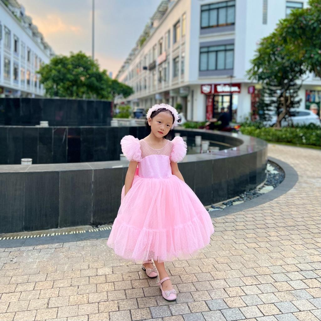 Váy công chúa đầm công chúa thiết kế chấm bi màu hồng xẻ lưng kẹp nơ cho bé gái từ 1 -10 tuổi tại Mom's choice