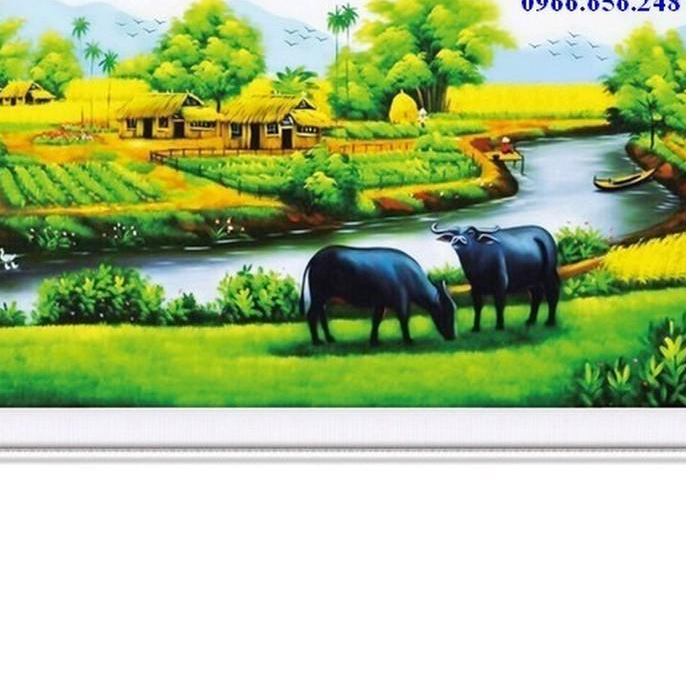 Tranh thêu chữ thập phong cảnh làng quê Việt Nam, chăn trâu ngoài đồng 88906 chưa thêu