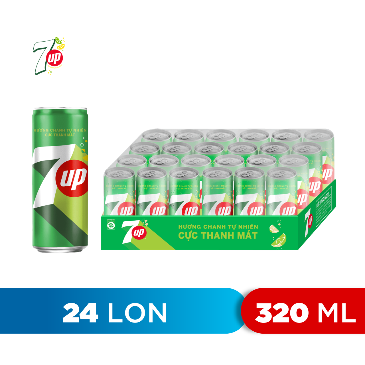 Thùng 24 Lon Nước Ngọt Có Gaz 7Up lon xanh (320ml/lon)