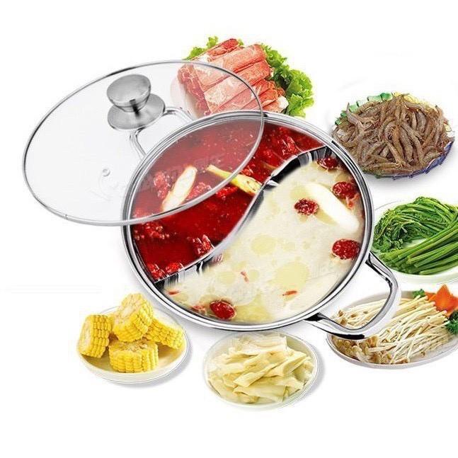 Nồi Lẩu Hot Pot 2 Ngăn Inox-Nôi Lẩu Size Lớn 30cm-Nồi Lẩu 2 Ngăn Dầy Dặn Nấu Dược Bếp Từ Cao Cấp