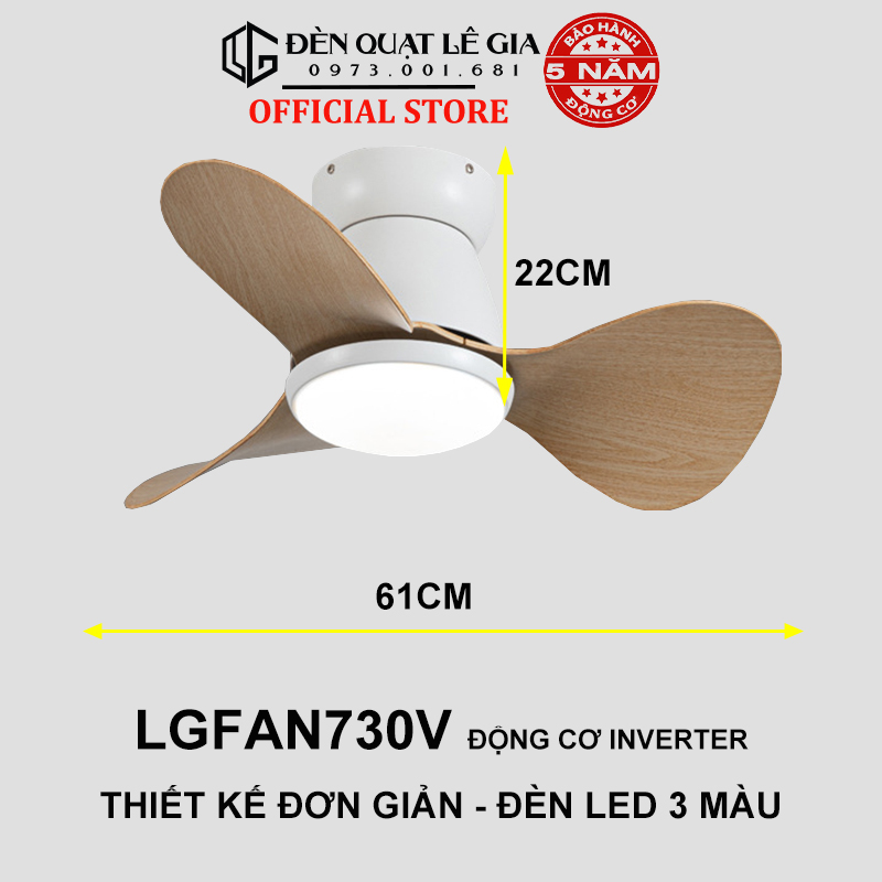 Quạt Trần Mini Cổ Ngắn Phong Cách Indochine LÊ GIA LGFAN730G - Chiều Cao 22cm - Sải Cánh 61cm - Bảo Hành 5 Năm