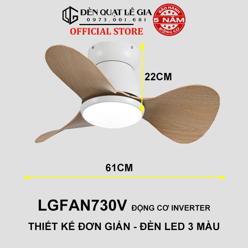 Quạt Trần Mini Có Đèn LÊ GIA LGFAN730T - Chiều Cao 22cm - Sải Cánh 61cm - Bảo Hành 5 Năm