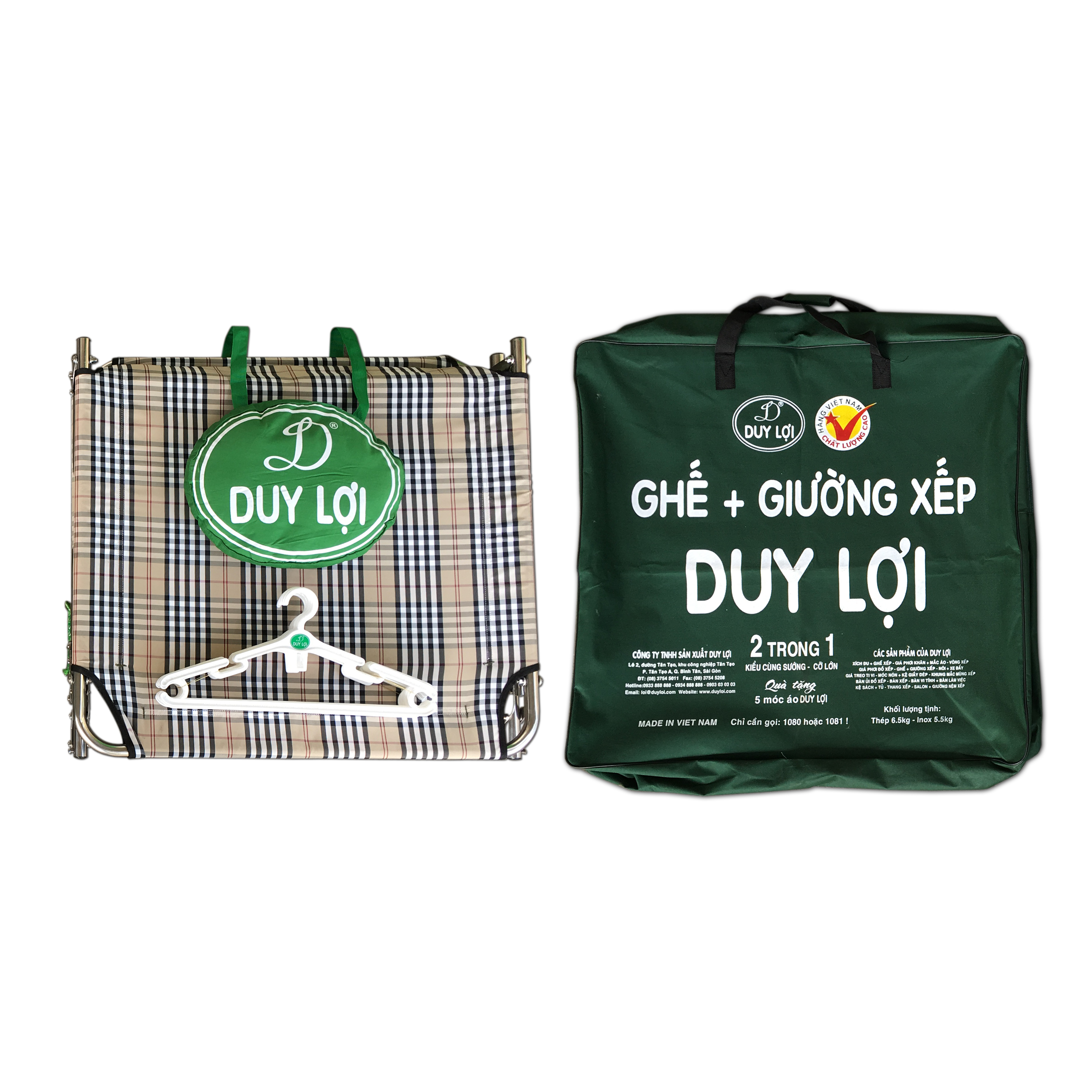 GHẾ - GIƯỜNG XẾP DUY LỢI INOX CỠ ĐẠI (Qùa tặng 20 móc áo)