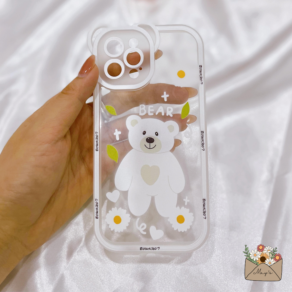 Ốp lưng iPhone nhựa dẻo trong suốt hình Gấu Green Tea, có kính bảo vệ camera cho iPhone 12, 13, Pro, Pro Max