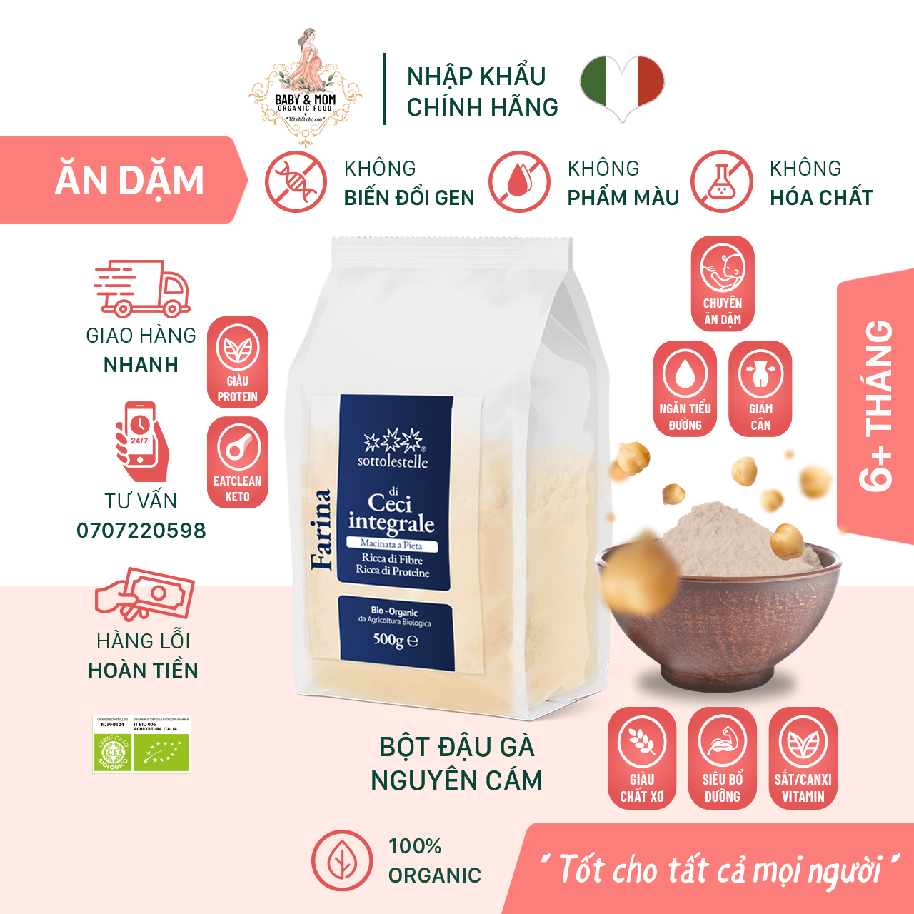 Bột đậu gà nguyên cám hữu cơ Sottolestelle 500g