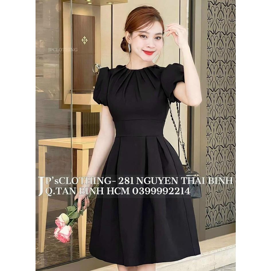 Đầm xoè tay phồng cổ tròn xếp ly