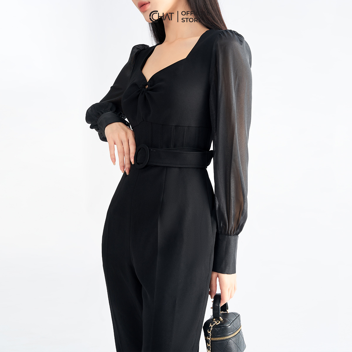 Jumpsuit Nữ  Cổ Nữ Hoàng Phối Tay Chất Tuytsi Cao Cấp Mềm Mịn 22JDS8007BT
