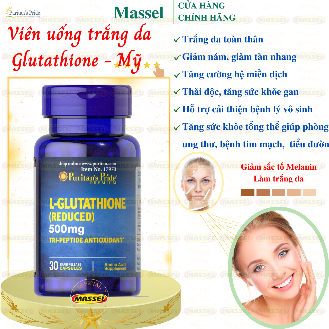 Hỗ trợ trắng da L-Glutathione Puritan’s Pride Premium 500mg Mỹ, Hỗ trợ trắng da, Giảm nám, tàn nhang, Tăng sức đề kháng - Massel Official -30 v/hộp