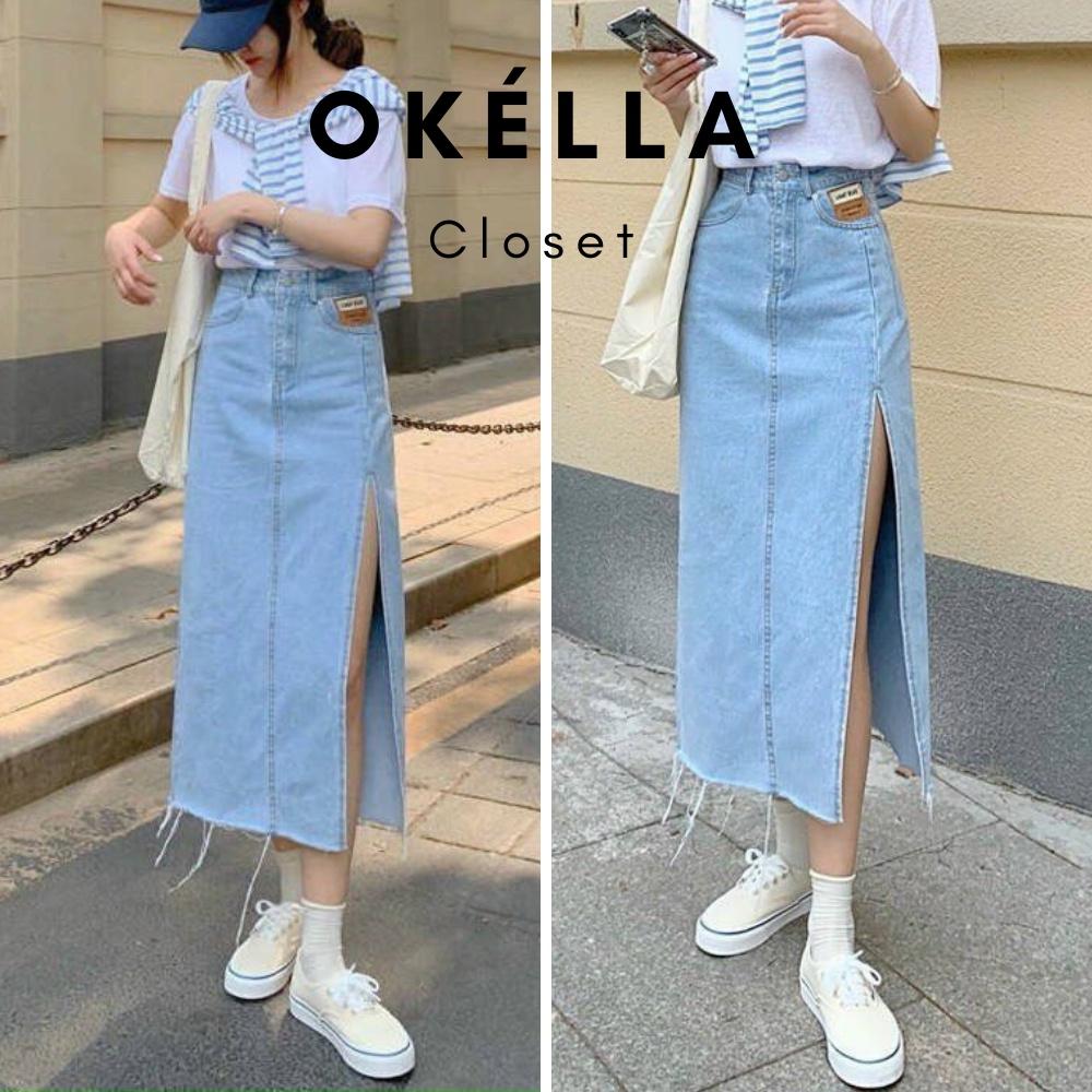 Chân váy Jean xẻ tà cạp cao cá tính, chân váy demin nữ Okélla