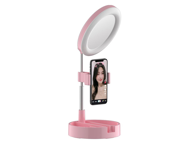 Hình ảnh Đèn Livestream tích hợp gương trang điểm kèm giá đỡ điện thoại để bàn có thể gấm gọn đa năng